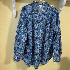 Talbots Blue Green Long Sleeve Mandarin Collar Blouse